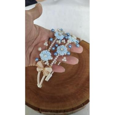 Imagem de Tiara Jardim Encantado com Flores Borboleta e Pérolas (azul serenity e off)