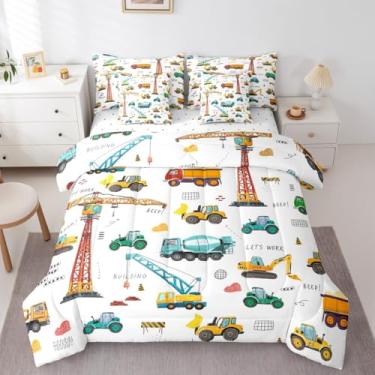 Imagem de Erosebridal Jogo de cama King com 7 peças, escavadeira, caminhões, veículos de construção, para crianças, meninos, escavadeira, guindaste, caminhão, amarelo, verde