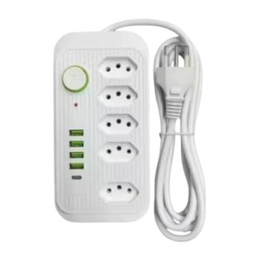 Imagem de Filtro de Linha com Extensão Elétrica Bivolt Universal, 5 Tomadas, 4 USB, 1 Type-C