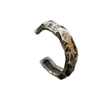 Imagem de Anel masculino ajustável com padrão solar, anel aberto de latão banhado a prata, Latão banhado a prata, Sem pedra preciosa