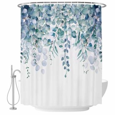 Imagem de Cortina de chuveiro de eucalipto azul verde, folhas de aquarela rústicas, tecido floral, impermeável, conjunto de cortinas de chuveiro, decoração de casa, lavável na máquina