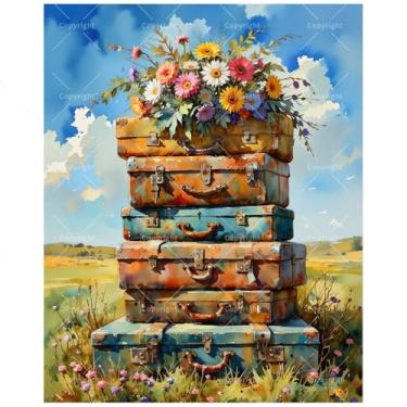 Imagem de TAOPAOLAB Kit de pintura vintage por números para adultos – Pilha de bagagem colorida DIY com pintura de margaridas em tela 40,6 x 50,8 cm, conjunto de tinta acrílica para iniciantes, arte de viagem