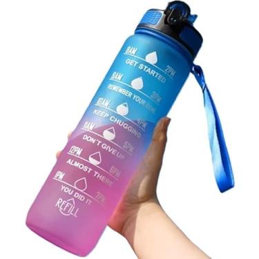 Imagem de Garrafa de água motivacional de 946 ml com marcadores de tempo sem BPA Garrafa esportiva reutilizável à prova de vazamento com canudo rosa azul