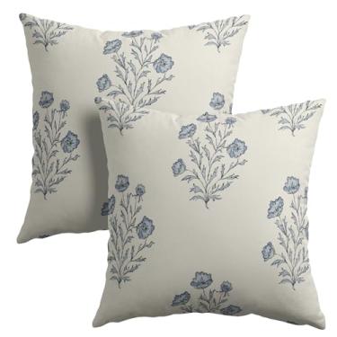 Imagem de Capa de almofada floral azul e creme, chinoiserie, azul marinho, 45,7 x 45,7 cm, decoração vintage, flores da primavera, algodão, linho, fronhas quadradas para sofá-cama, sofá, cadeira, conjunto de 2