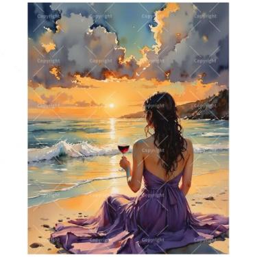 Imagem de Kit de pintura romântica por números para adultos - DIY mulher assistindo pôr do sol com pintura de taça de vinho em tela 40,6 x 50 cm, conjunto de tinta acrílica emoldurada, adequado para iniciantes