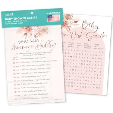 Imagem de 20 jogos de chá de bebê Boho para meninas - Jogos divertidos de chá de bebê para meninas, Guess Who Mommy Or Daddy Baby Shower Game, jogo de busca de palavras para chá de bebê para meninas, engraçados