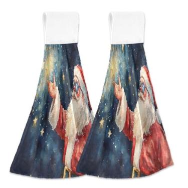 Imagem de Blueangle 2 peças de toalhas de gravata penduradas com estrelas de Papai Noel toalha de mão toalha de mão absorvente de veludo coral macio pano para cozinha e banheiro (514)