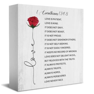 Imagem de HTBIG Christian Decor-1 Corinthians 13:4-8 Known As Ode To Love Caixa de Madeira Sinal Rosa Versos da Bíblia Decoração para Home Office Prateleira Decoração de Parede Presentes Religiosos 13 x 5