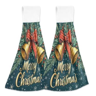 Imagem de Blueangle 2 peças de toalhas de gravata penduradas com sinos de Natal toalha de mão de cozinha absorvente de veludo coral macio pano de pano para cozinha e banheiro (681)