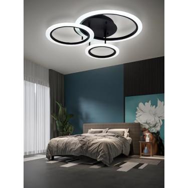 Imagem de Luminária de teto LED preta com design criativo em formato de anéis, moderna e regulável, com controle remoto, ideal para sala de estar, quarto, corredor e sala de jantar (3 anéis).