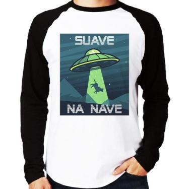 Imagem de Camiseta Raglan Suave na nave Manga Longa - Foca na Moda, Branco, Pret