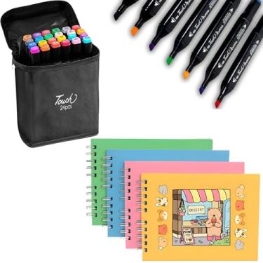 Imagem de Kit 5 Livros Colorir 50 Folhas Animais 24 Canetas Estojo Zipper Pintura Terapia Antiestresse Desenho Escolar Completo Arte Criativa