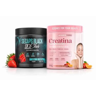 Imagem de Kit Secaps Black Chá Misto Solúvel Morango + Creatina Skincare em Pó Laranja Acerola | Rotina de Bem-Estar e Beleza | Zero Açúcar | 150g + 300g