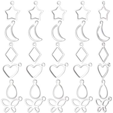 Imagem de Beebeecraft 1 caixa com 150 pingentes de moldura oca de aço inoxidável 304 corações / losangos / lua, lágrima, estrela, borboleta, pingentes abertos para fazer joias de fundição de resina UV DIY