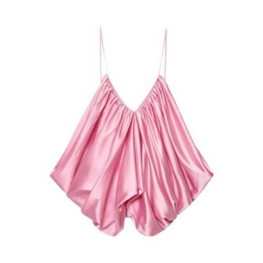 Imagem de Top De Camisola Plissada Com Textura De Cetim Para Mulheres, Casual De