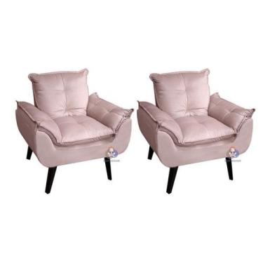 Imagem de Kit 02 Poltrona/Cadeira Decorativa Glamour Veludo Rosa Nude Com Pés Qu