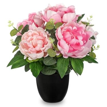 Imagem de Briful Flores artificiais de peônia rosa – Peônias artificiais de 32 cm com vaso preto, peônias de seda, arranjo floral, flores falsas em vaso, para decoração de casa, escritório, sala, decoração de