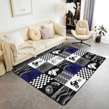 Imagem de Tapete Dirt Bike 90 x 12 cm, tapetes de área de motociclista de motociclistas, tapetes de sala de estar para crianças meninos e homens, conjunto de tapetes de realce de jogo de esportes radicais, tapete xadrez de búfalo, azul, cinza, preto