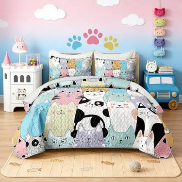 Imagem de HOSIMA Lindo conjunto de colcha de gato queen para decoração de quarto de menina adolescente, colcha de gato com estampa colorida de animais de estimação, roupa de cama kawaii para crianças, roupa de