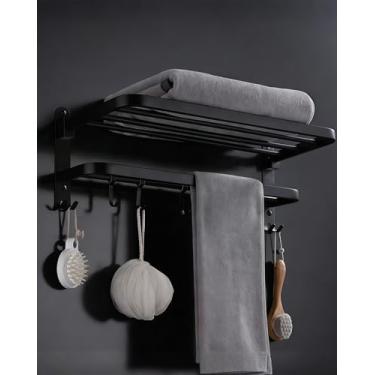 Imagem de JAMESVAN Toalheiro de 38 cm para banheiro, prateleira de toalha dobrável montada na parede com suporte de barra de toalha e 5 ganchos, organizador de armazenamento de toalhas de aço inoxidável para