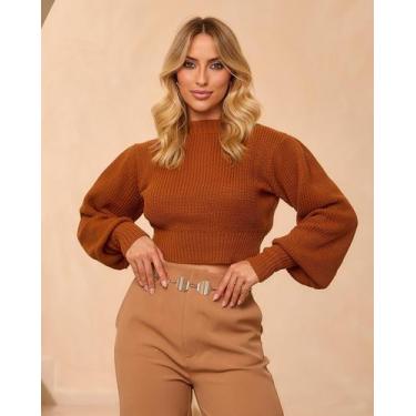 Imagem de Blusa Cropped Feminina Manga Longa Bufante Tricot Básica - Calu Tricot