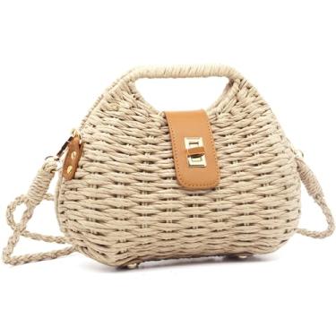 Imagem de Fozehlad Bolsa de palha para mulheres, bolsa de praia de tecido, bolsa de mão transversal de verão, design leve feito à mão, Bege