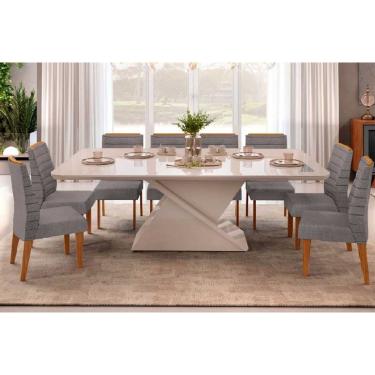 Imagem de Conjunto: Mesa Sala Jantar Zafira c/ Tampo Madeirado c/ Vidro Curvo 200x100cm e 8 Cadeiras Ondina Off White - Freijo/Suede Lunar - DJ Móveis