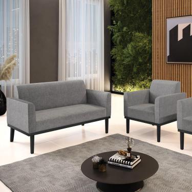 Imagem de Conjunto Poltrona E Namoradeira Decorativa Pés Fixo Em Madeira Preto Linho Cinza Mesclado