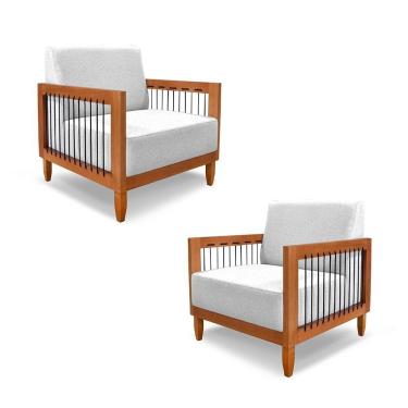 Imagem de Kit 2 Poltronas Sala De Estar Pés Madeira Maciça Corda Náutica Preta 75cm Manila Linho Cinza Rústico