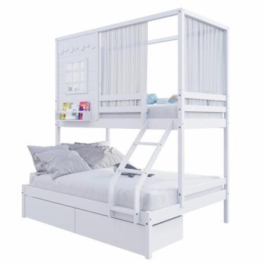 Imagem de Beliche Casinha Reta Casal- Solteiro Com 02 Gavetas E Cortina Madeira Maciça Branco Housin