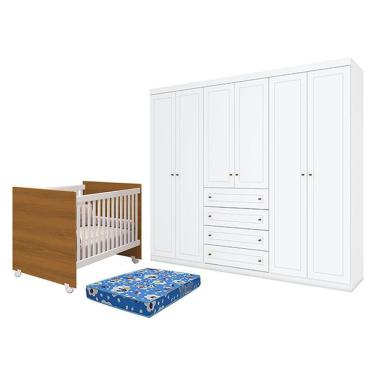 Imagem de Berço Nacional Mel Branco Savana - Reller E Guarda Roupa Casal Americano 6 Portas Branco Hp E Colchão Ortobom - Henn