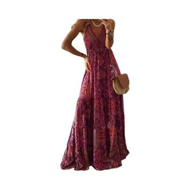 Imagem de Vestido Longo Feminino Boêmio Com Estampa Floral, Decote Em V E Cintur