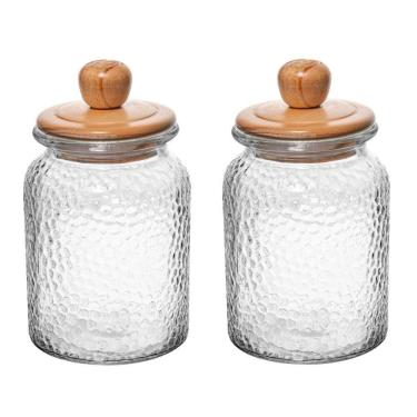 Imagem de Conjunto 02 Potes de Vidro Martelado com Tampa Hermética de Bambu 1L Wolff