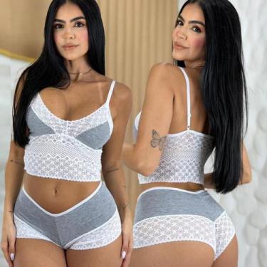 Imagem de Conjunto Cropped Renda Sem Bojo Calcinha Caleçon Lingerie Feminina Con