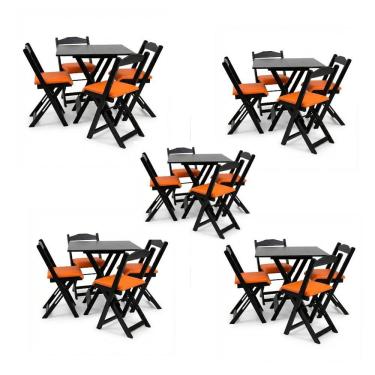 Imagem de Kits 5 Conjuntos Dobráveis 70x70 5 Mesas 20 Cadeiras Preto Com Estofado Laranja