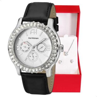 Imagem de Kit Relógio Feminino Champion Ana Hickmann Analógico Prata Preto Couro
