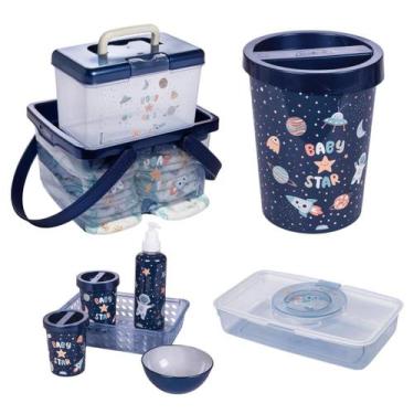 Imagem de Kit Higiene Organizador Fraldas Bebê 5 Pçs Plasútil Lixeira, Astronaut
