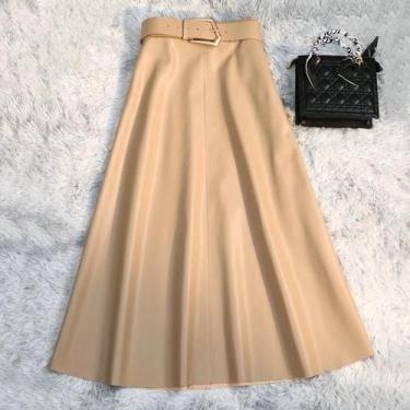Imagem de Saias Longas Vintage Femininas Em Couro PU, Cintura Alta, A-Line, Eleg