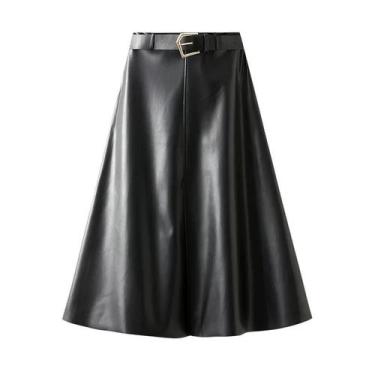 Imagem de Saias Longas Vintage Femininas Em Couro PU, Cintura Alta, A-Line, Eleg