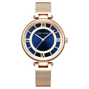 Imagem de Relógio Feminino de Quartzo Minimalista Pulseira de Malha a Prova D'agua Azul Rose Analógico Mini Focus