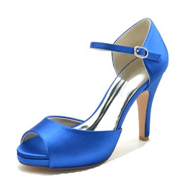 Imagem de Sapatos de noiva stiletto sapatos femininos scarpin marfim salto alto peep toe fivela sapatos sociais 36-42,Blue,7 UK/40 EU