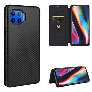 Imagem de YUNCHAO Caixa de telefone Para Motorola One 5G / Moto G 5G Plus textura de fibra de carbono magnética horizontal flip TPU + PC + capa de couro PU com slot para cartão capa para celular
