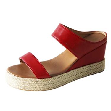 Imagem de Sandálias plataforma femininas casuais verão romanas sandálias abertas com fivela de couro sandálias planas para caminhada sandálias femininas retrô a7, Vermelho, 6