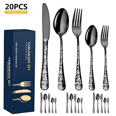 Imagem de Wemay Conjunto de talheres de aço inoxidável 20 peças conjunto de talheres polido espelho 4 facas 4 garfos 4 colheres 4 garfos de chá 4 colheres de chá