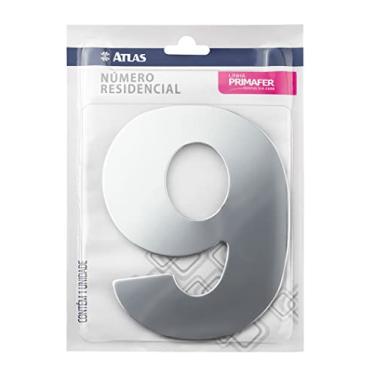 Imagem de Número Residencial de Alumínio Escovado com Adesivo, 9 (Nove), 60mm, Cor Prata, Linha Primafer, Atlas.