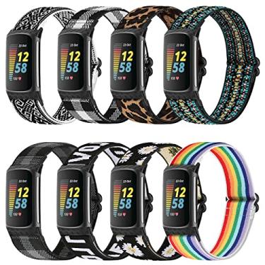 Imagem de ShuYo Pacote com 8 faixas elásticas compatíveis com Fitbit Charge 5, pulseira de substituição elástica nylon cinta esportiva para Fitbit Charge 5 mulheres e homens