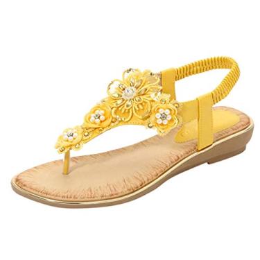 Imagem de Chinelos femininos de verão praia cristal flip pérola sapatos casuais femininos flor arco suporte chinelos mulheres tamanho 9, Amarelo, 8