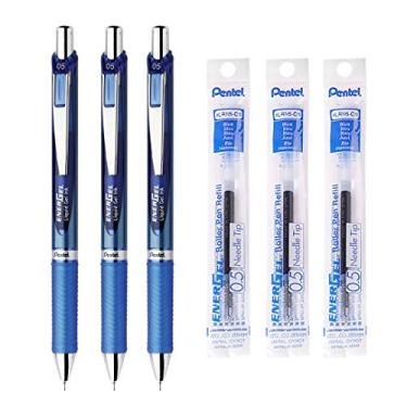 Imagem de Pentel Caneta de gel líquido retrátil Energel, 0,5 mm, tinta azul, 3 canetas e 3 refis de tinta