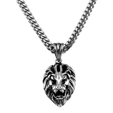 Imagem de W/W Lifetime Colar de leão com pingente de cabeça de aço inoxidável ouro 18K masculino hip hop rapper com 6 mm Miami aço inoxidável corrente cubana 61 cm, 1.18" x 1.57" (pendant), 24" (chain), Aço