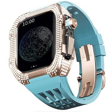 Imagem de TONECY Pulseira de borracha bisel de titânio para Apple Watch 7/6/5/4/SE Apple Mod Watch acessório de substituição titânio luxo capa compatível com série IWatch 44mm com ferramenta